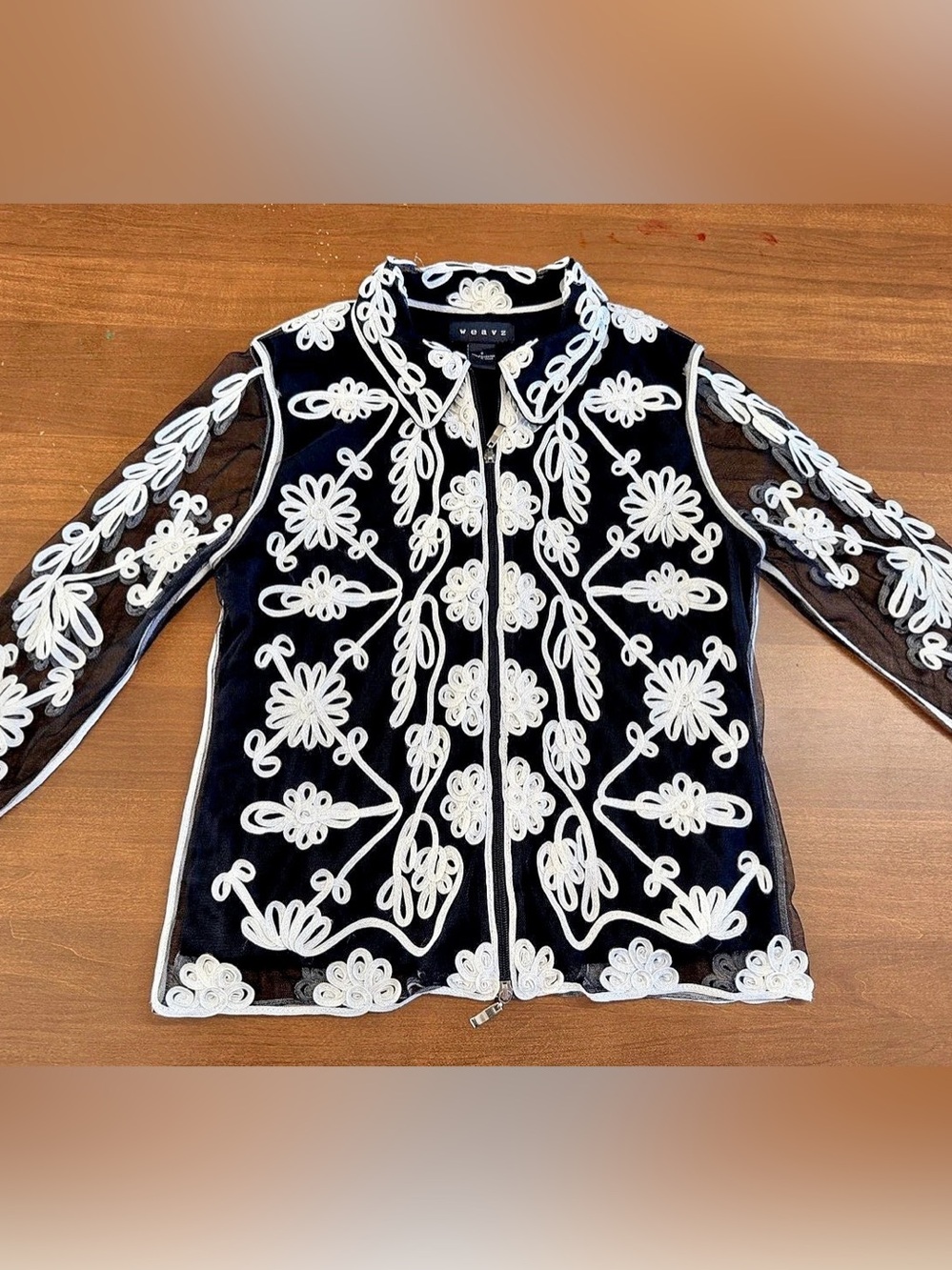 Weavz Black & White Floral Embroidered Sheer Sleeve Collared Jacket
